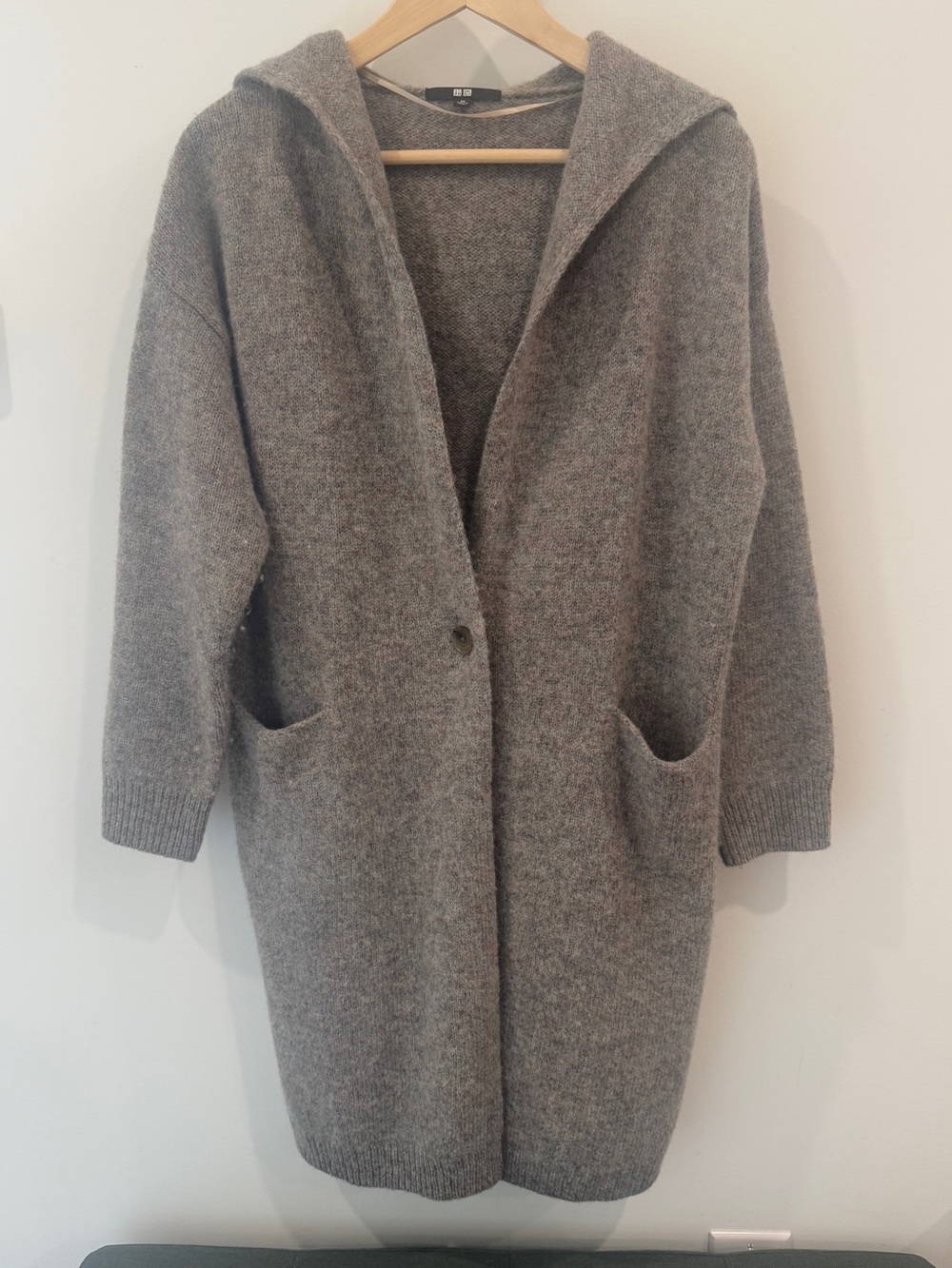 UNIQLO 100% Wool Hooded Long Cardigan Dark Beige Speckled Oversized XS/S/M